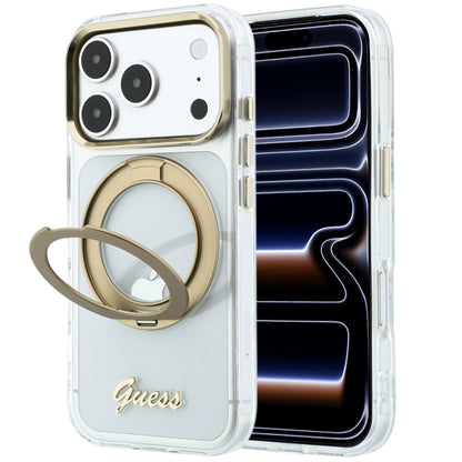 Coque MagSafe pour Apple iPhone 18 Pro, Guess, Support Anneau Logo Métal Script, Transparente