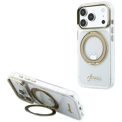 Coque MagSafe pour Apple iPhone 18 Pro, Guess, Support Anneau Logo Métal Script, Transparente