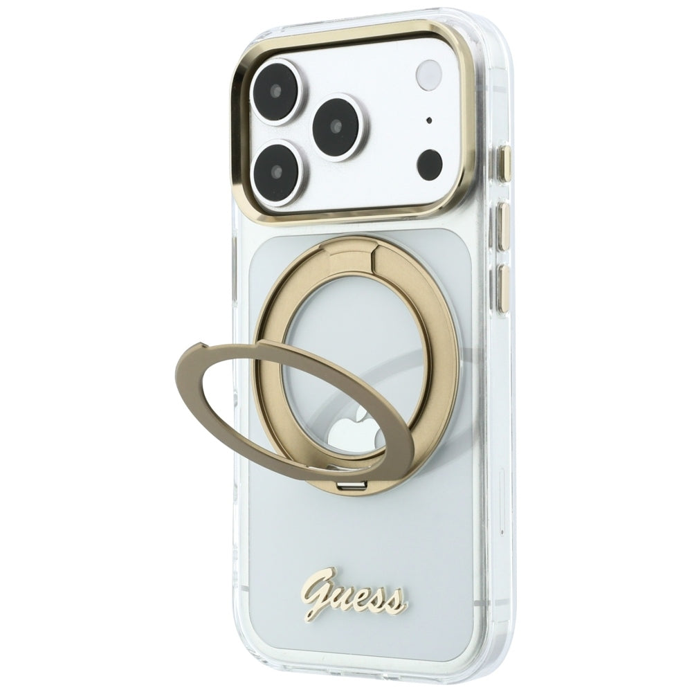 Coque MagSafe pour Apple iPhone 18 Pro, Guess, Support Anneau Logo Métal Script, Transparente