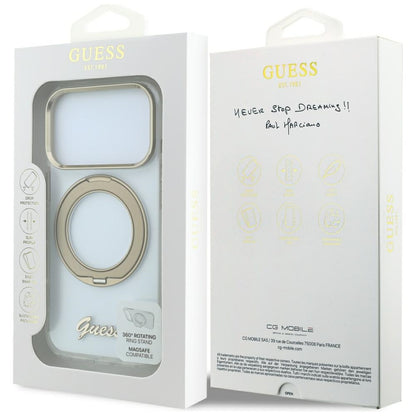 Coque MagSafe pour Apple iPhone 18 Pro, Guess, Support Anneau Logo Métal Script, Transparente