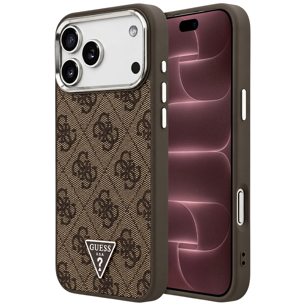 Coque MagSafe pour Apple iPhone 18 Pro Max / 17 Pro Max, Guess, Logo Triangle 4G, Marron Argenté