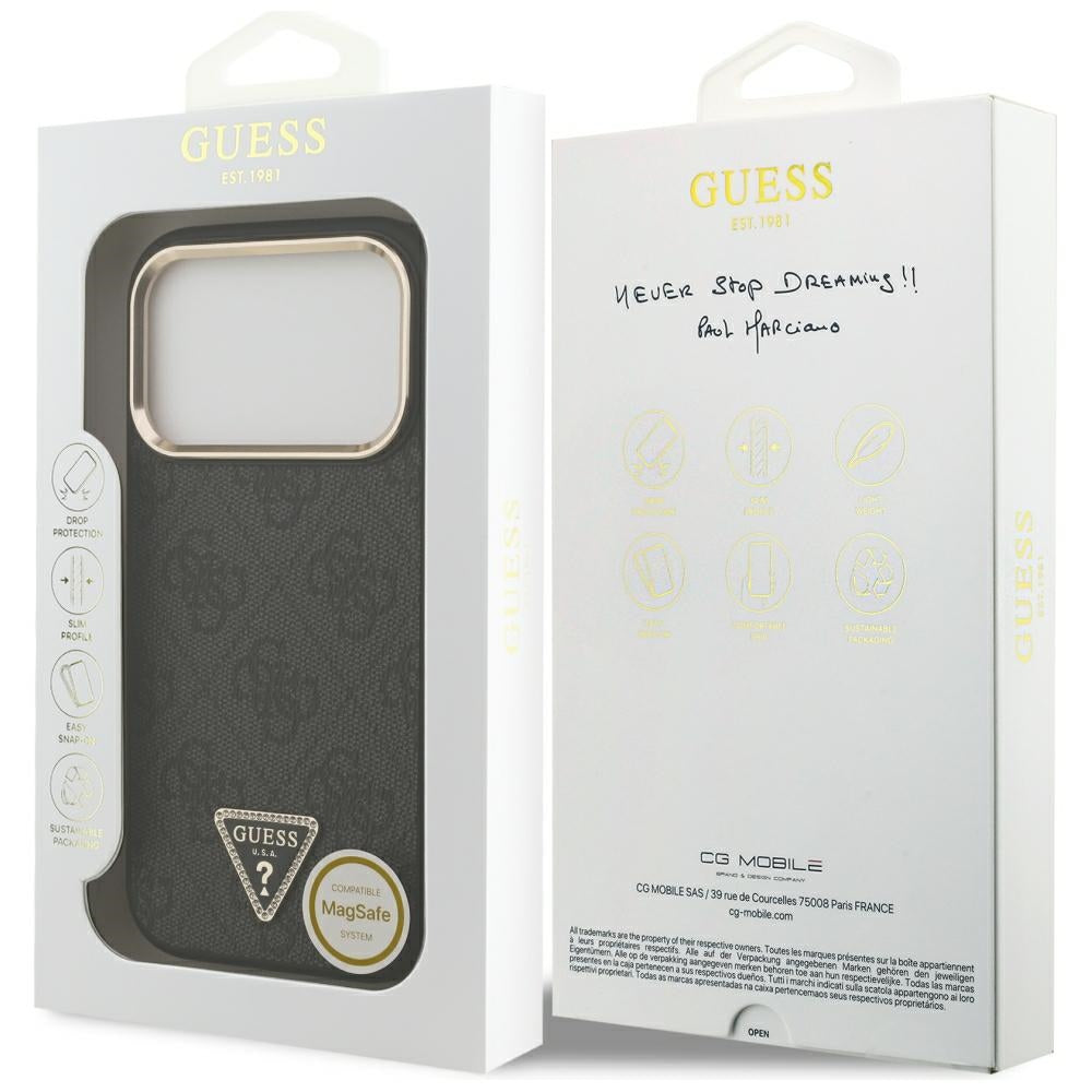 Coque MagSafe pour Apple iPhone 18 Pro Max / 17 Pro Max, Guess, logo Triangle 4G, noire et dorée
