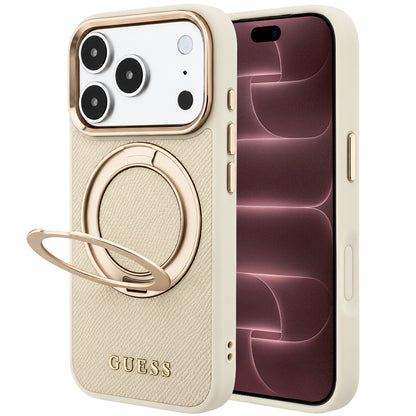 Coque MagSafe pour Apple iPhone 18 Pro Max / 17 Pro Max, Guess, Support Anneau Grainé 360 Classic, Beige