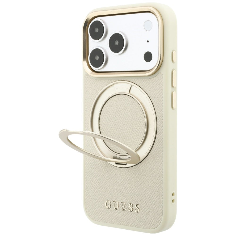 Coque MagSafe pour Apple iPhone 18 Pro Max / 17 Pro Max, Guess, Support Anneau Grainé 360 Classic, Beige