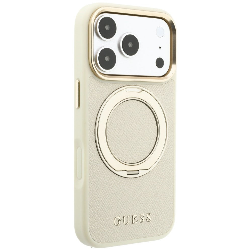 Coque MagSafe pour Apple iPhone 18 Pro Max / 17 Pro Max, Guess, Support Anneau Grainé 360 Classic, Beige