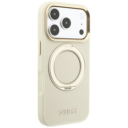 Coque MagSafe pour Apple iPhone 18 Pro Max / 17 Pro Max, Guess, Support Anneau Grainé 360 Classic, Beige