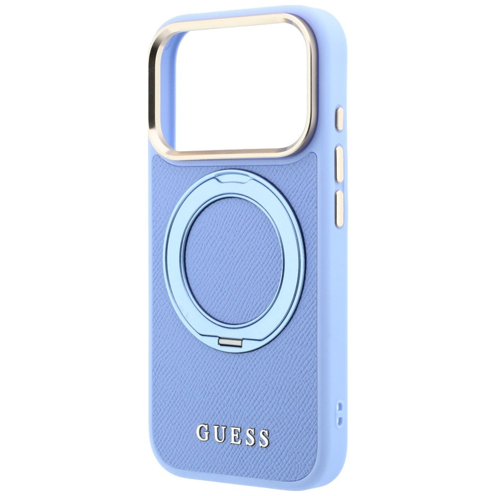 Coque MagSafe pour Apple iPhone 18 Pro Max / 17 Pro Max, Guess, Grained Ring Stand 360 Classic, bleu
