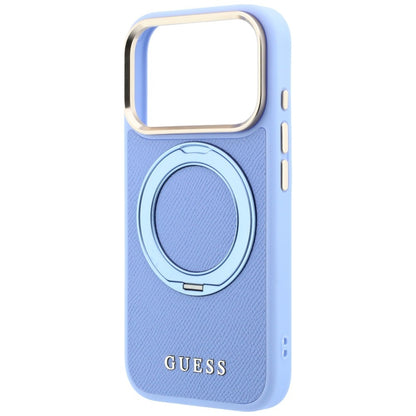 Coque MagSafe pour Apple iPhone 18 Pro Max / 17 Pro Max, Guess, Grained Ring Stand 360 Classic, bleu