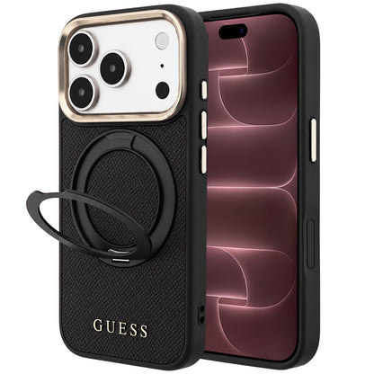 Coque MagSafe pour Apple iPhone 18 Pro Max / 17 Pro Max, Guess, Grained Ring Stand 360 Classic, noire