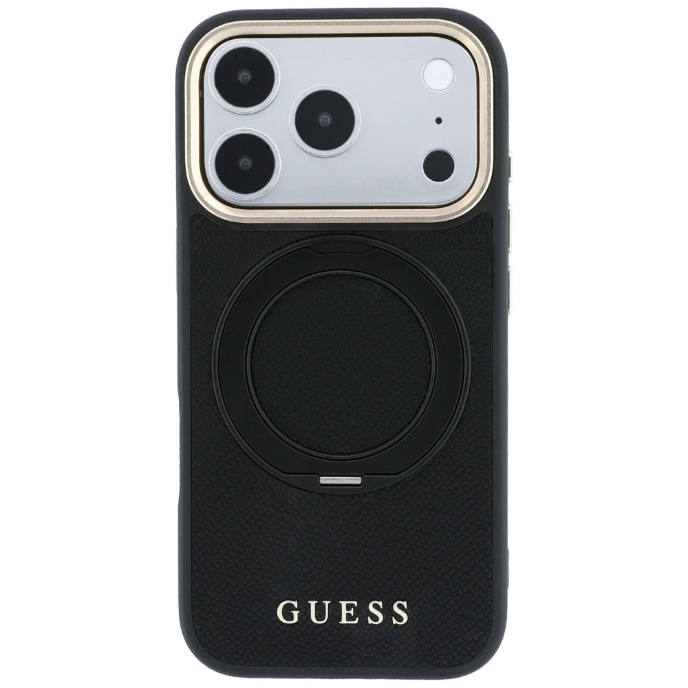 Coque MagSafe pour Apple iPhone 18 Pro Max / 17 Pro Max, Guess, Grained Ring Stand 360 Classic, noire
