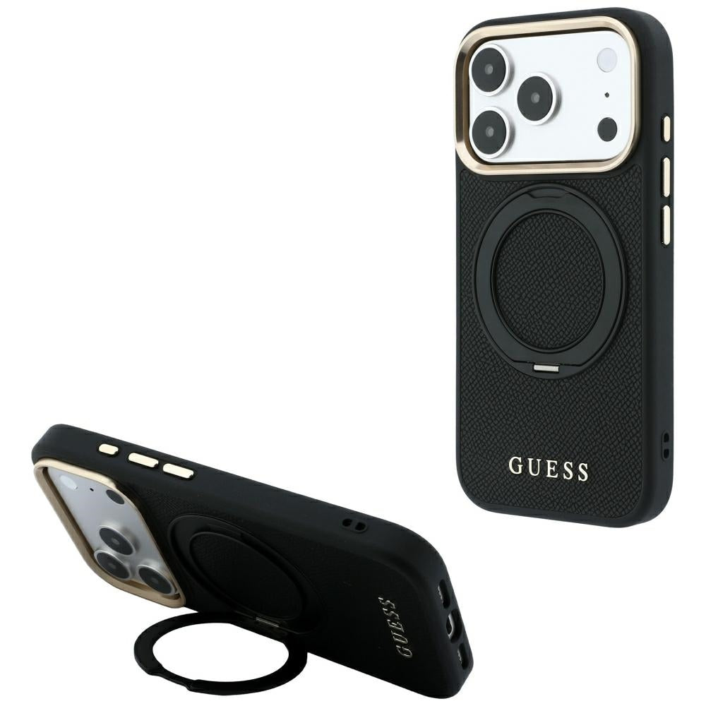 Coque MagSafe pour Apple iPhone 18 Pro Max / 17 Pro Max, Guess, Grained Ring Stand 360 Classic, noire
