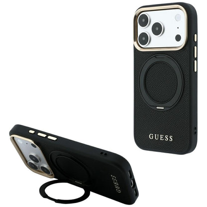 Coque MagSafe pour Apple iPhone 18 Pro Max / 17 Pro Max, Guess, Grained Ring Stand 360 Classic, noire