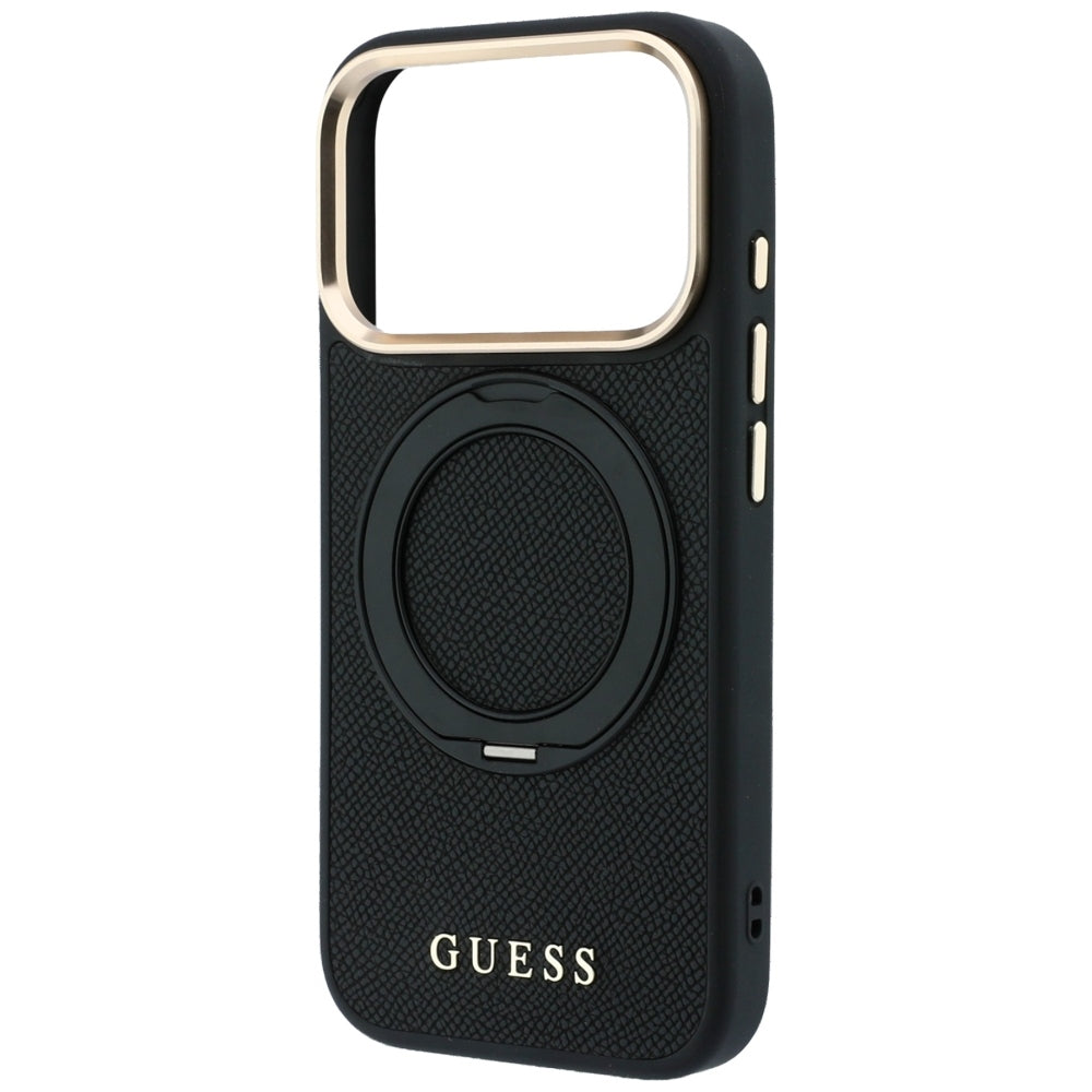 Coque MagSafe pour Apple iPhone 18 Pro Max / 17 Pro Max, Guess, Grained Ring Stand 360 Classic, noire