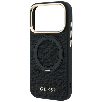 Coque MagSafe pour Apple iPhone 18 Pro Max / 17 Pro Max, Guess, Grained Ring Stand 360 Classic, noire