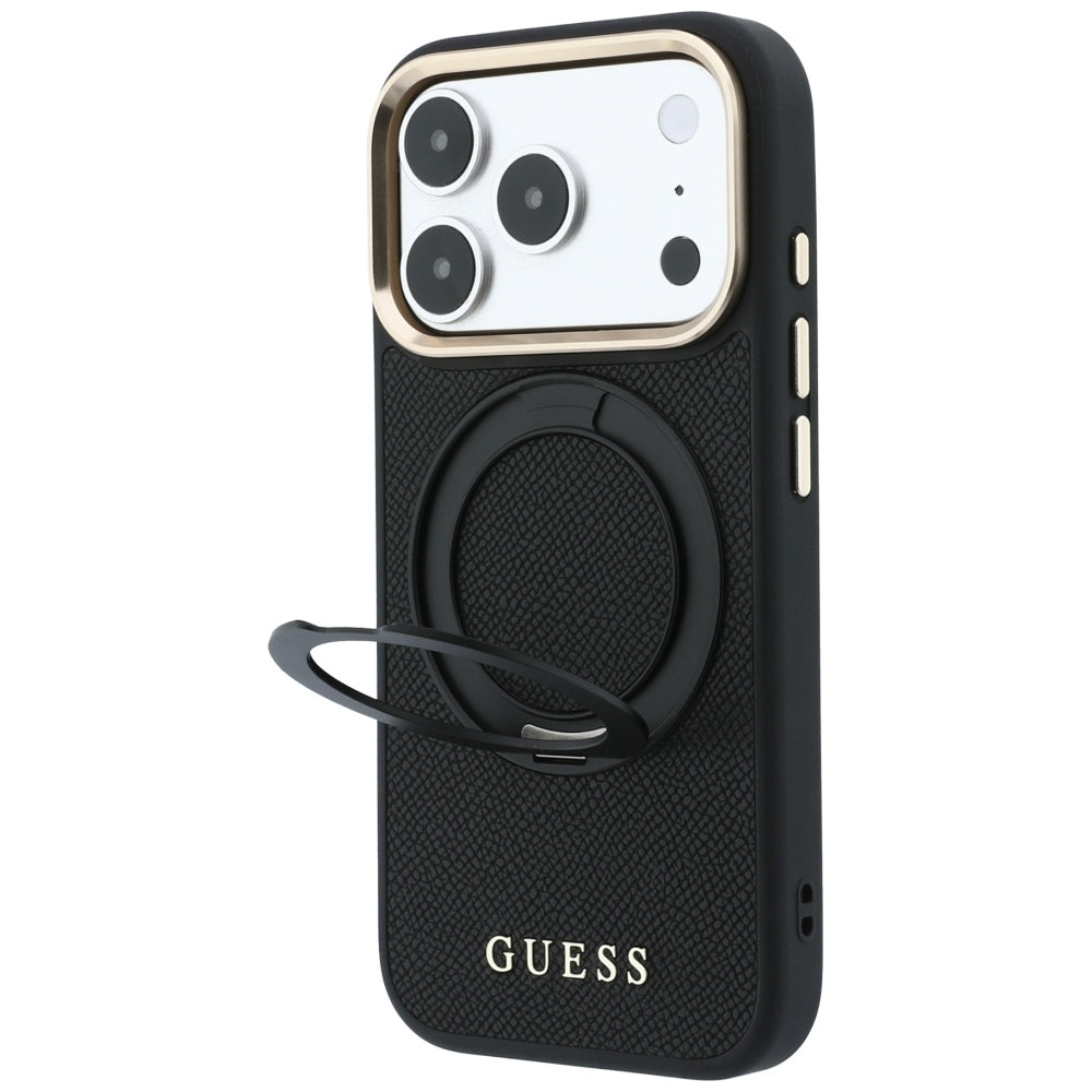 Coque MagSafe pour Apple iPhone 18 Pro Max / 17 Pro Max, Guess, Grained Ring Stand 360 Classic, noire