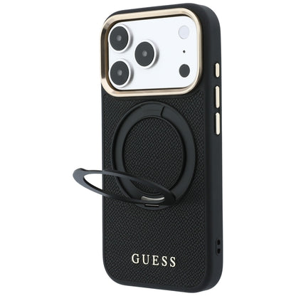 Coque MagSafe pour Apple iPhone 18 Pro Max / 17 Pro Max, Guess, Grained Ring Stand 360 Classic, noire