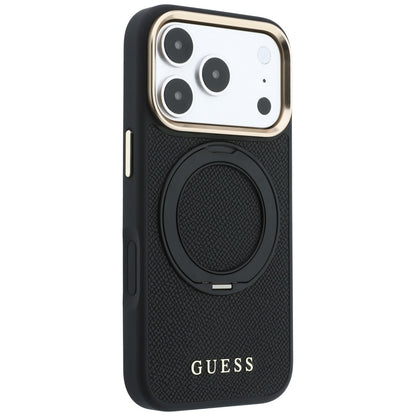 Coque MagSafe pour Apple iPhone 18 Pro Max / 17 Pro Max, Guess, Grained Ring Stand 360 Classic, noire
