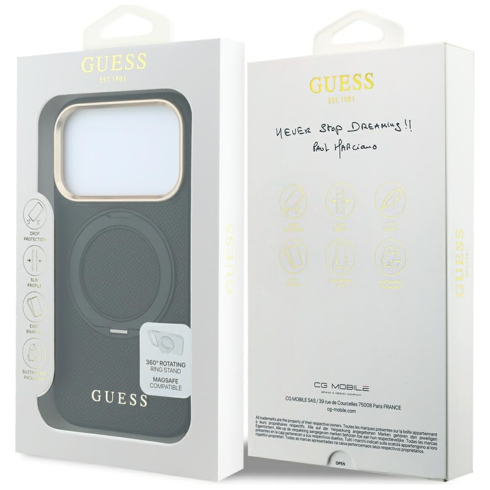 Coque MagSafe pour Apple iPhone 18 Pro Max / 17 Pro Max, Guess, Grained Ring Stand 360 Classic, noire