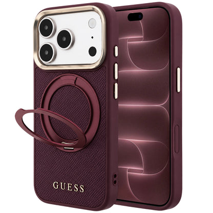 Coque MagSafe pour Apple iPhone 18 Pro Max / 17 Pro Max, Guess, Support Anneau Grainé 360 Classic, Bordeaux