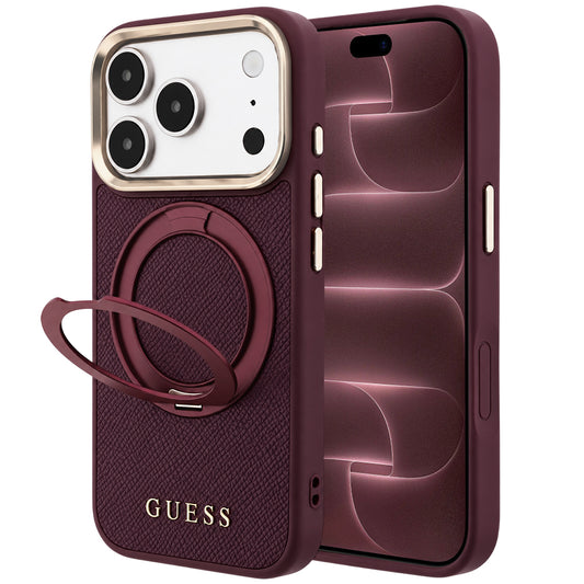 Coque MagSafe pour Apple iPhone 18 Pro Max / 17 Pro Max, Guess, Support Anneau Grainé 360 Classic, Bordeaux