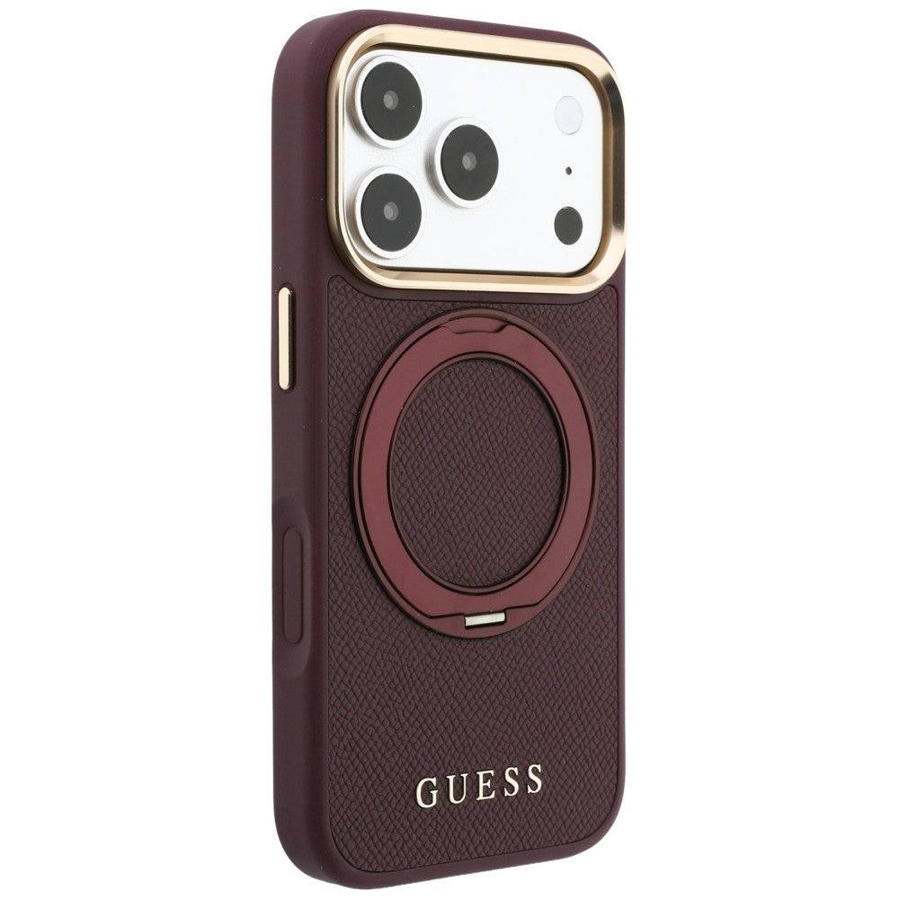 Coque MagSafe pour Apple iPhone 18 Pro Max / 17 Pro Max, Guess, Support Anneau Grainé 360 Classic, Bordeaux