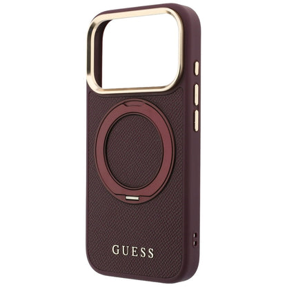 Coque MagSafe pour Apple iPhone 18 Pro Max / 17 Pro Max, Guess, Support Anneau Grainé 360 Classic, Bordeaux