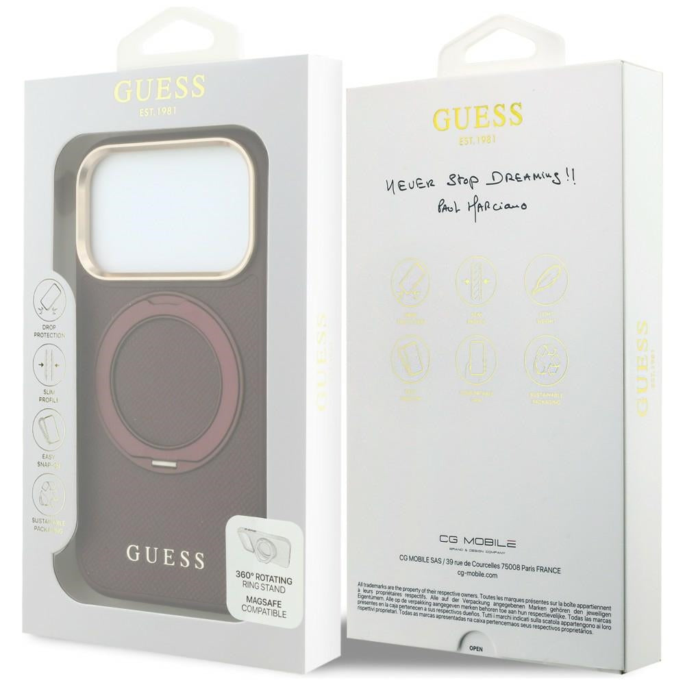 Coque MagSafe pour Apple iPhone 18 Pro Max / 17 Pro Max, Guess, Support Anneau Grainé 360 Classic, Bordeaux