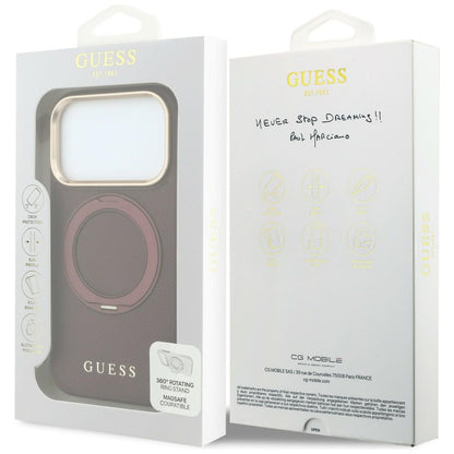 Coque MagSafe pour Apple iPhone 18 Pro Max / 17 Pro Max, Guess, Support Anneau Grainé 360 Classic, Bordeaux