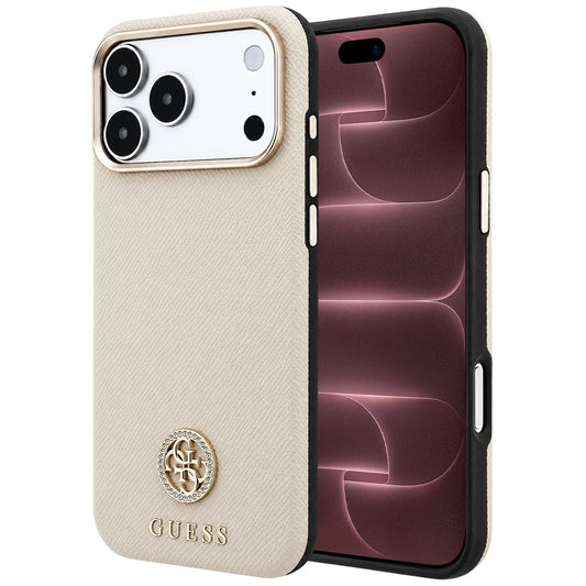 Coque MagSafe pour Apple iPhone 18 Pro Max / 17 Pro Max, Guess, Logo Strass Rond Grainé, Beige