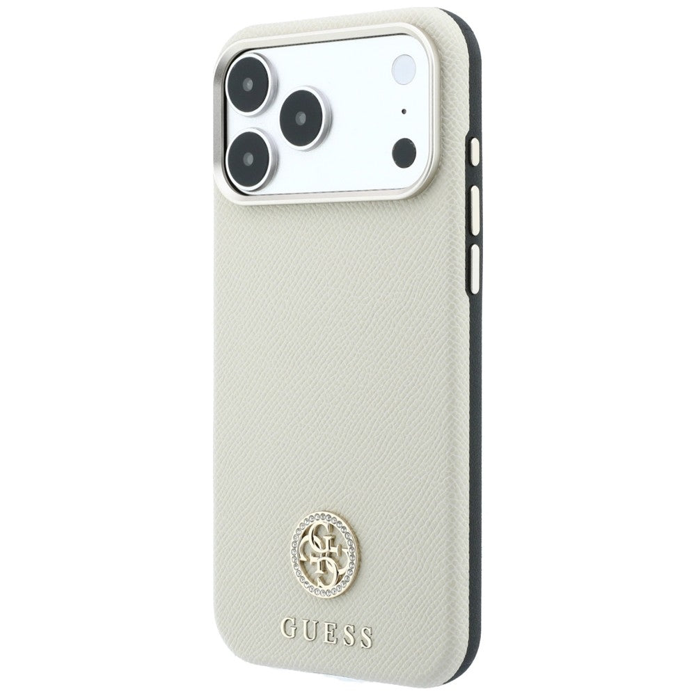 Coque MagSafe pour Apple iPhone 18 Pro Max / 17 Pro Max, Guess, Logo Strass Rond Grainé, Beige