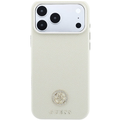 Coque MagSafe pour Apple iPhone 18 Pro Max / 17 Pro Max, Guess, Logo Strass Rond Grainé, Beige