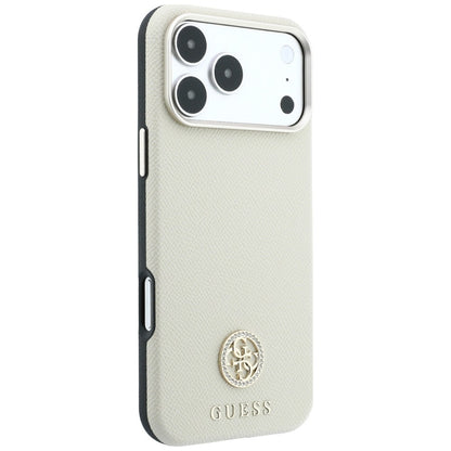 Coque MagSafe pour Apple iPhone 18 Pro Max / 17 Pro Max, Guess, Logo Strass Rond Grainé, Beige