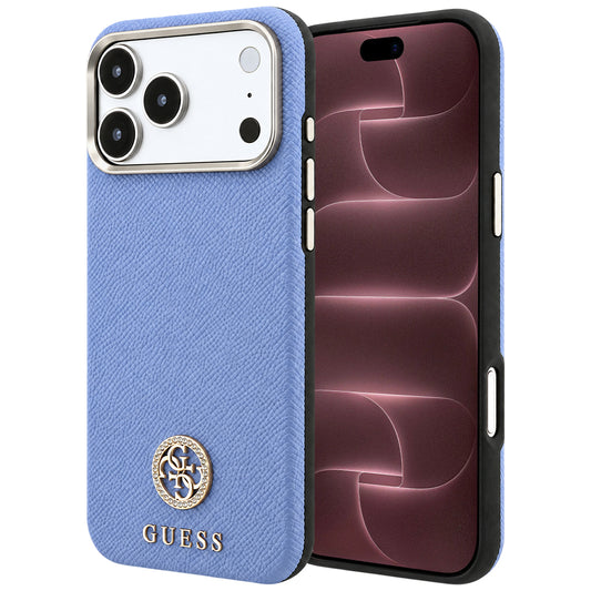 Coque MagSafe pour Apple iPhone 18 Pro Max / 17 Pro Max, Guess, Logo Strass Rond Grainé, Bleu