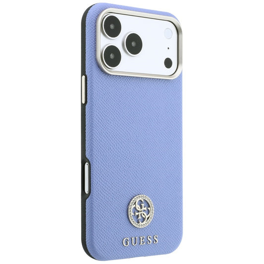 Coque MagSafe pour Apple iPhone 18 Pro Max / 17 Pro Max, Guess, Logo Strass Rond Grainé, Bleu