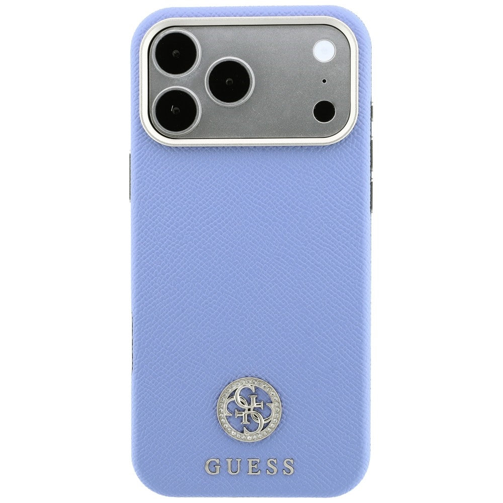 Coque MagSafe pour Apple iPhone 18 Pro Max / 17 Pro Max, Guess, Logo Strass Rond Grainé, Bleu