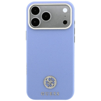 Coque MagSafe pour Apple iPhone 18 Pro Max / 17 Pro Max, Guess, Logo Strass Rond Grainé, Bleu