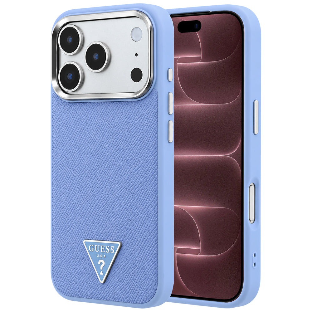 Coque MagSafe pour Apple iPhone 18 Pro Max / 17 Pro Max, Guess, Logo Triangle Grainé, Bleu