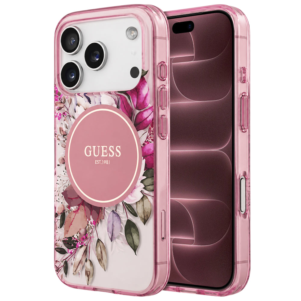 Coque MagSafe pour Apple iPhone 18 Pro Max / 17 Pro Max, Guess, IML Flower & Tonal Circle, rose