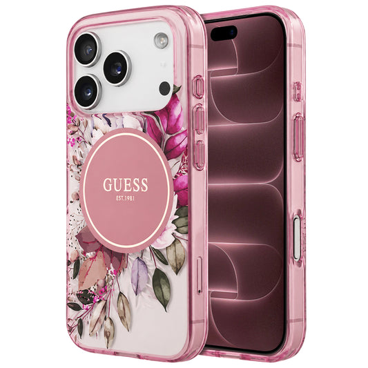 Coque MagSafe pour Apple iPhone 18 Pro Max / 17 Pro Max, Guess, IML Flower & Tonal Circle, rose