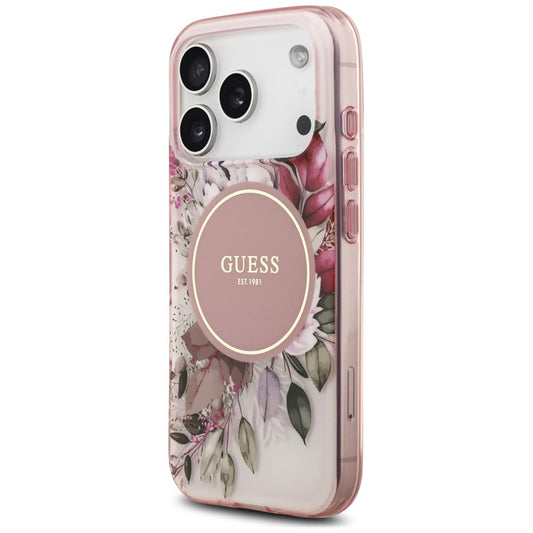 Coque MagSafe pour Apple iPhone 18 Pro Max / 17 Pro Max, Guess, IML Flower & Tonal Circle, rose