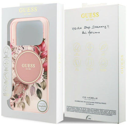 Coque MagSafe pour Apple iPhone 18 Pro Max / 17 Pro Max, Guess, IML Flower & Tonal Circle, rose