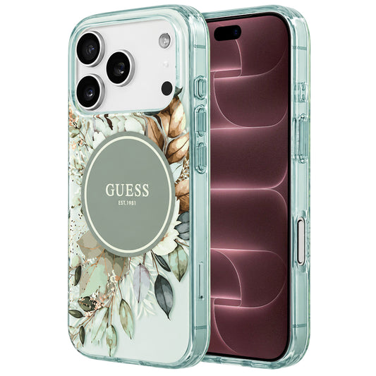 Coque MagSafe pour Apple iPhone 18 Pro Max / 17 Pro Max, Guess, IML Flower & Tonal Circle, verte