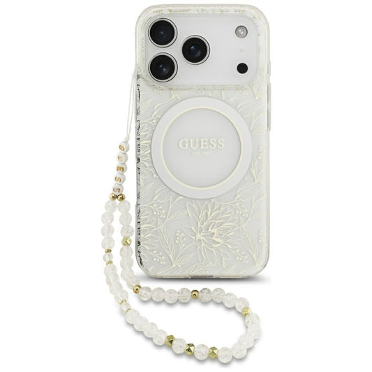 Coque MagSafe pour Apple iPhone 18 Pro Max / 17 Pro Max, Guess, Fleurs IML Électroplaquées avec Bracelet Perle, Blanc