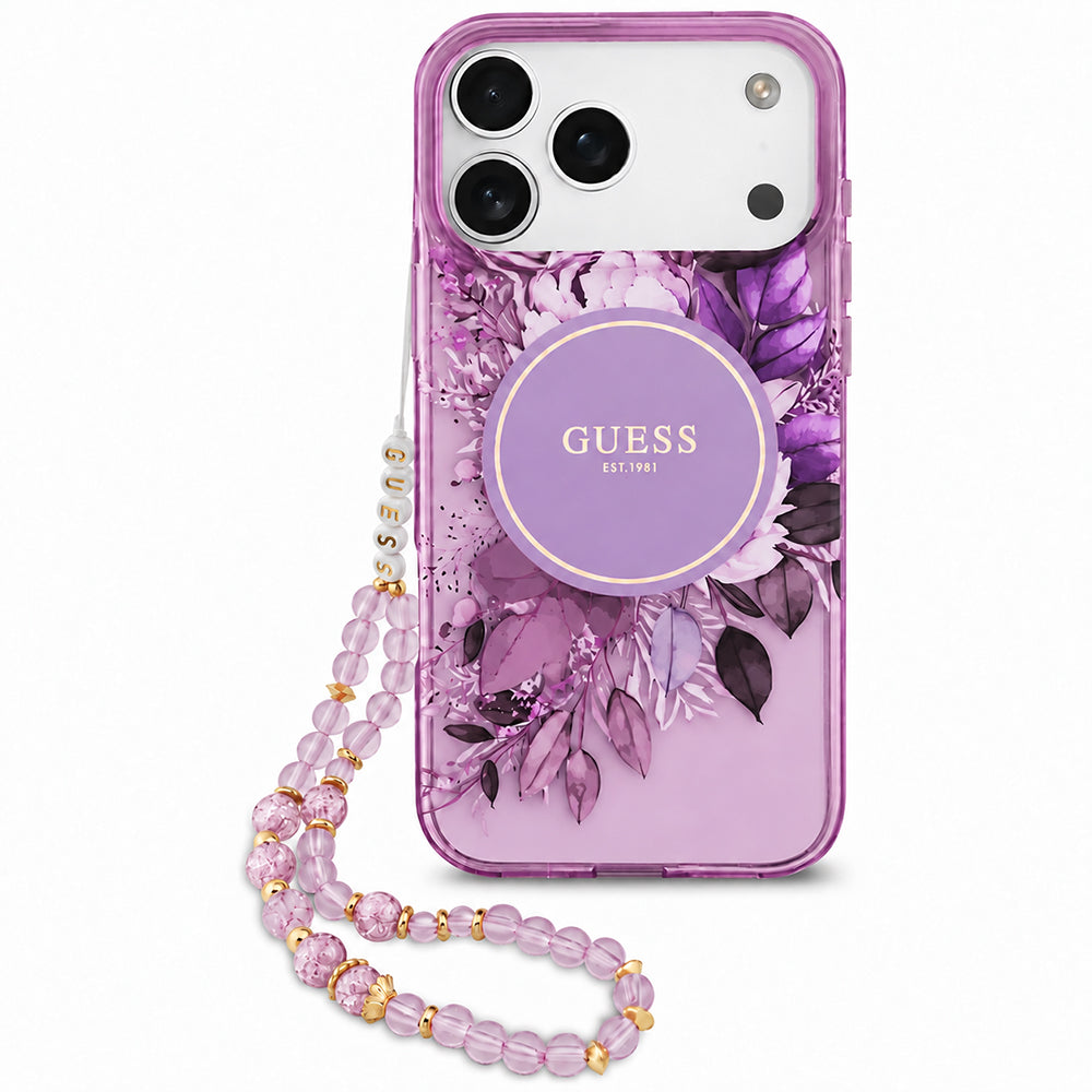 Coque MagSafe pour Apple iPhone 18 Pro Max / 17 Pro Max, Guess, IML Flowers with Pearl Strap, violette