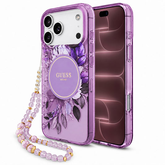Coque MagSafe pour Apple iPhone 18 Pro Max / 17 Pro Max, Guess, IML Flowers with Pearl Strap, violette