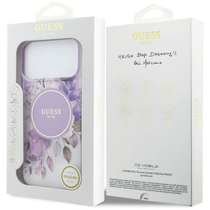 Coque MagSafe pour Apple iPhone 18 Pro Max / 17 Pro Max, Guess, IML Flowers with Pearl Strap, violette