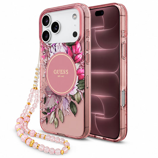 Coque MagSafe pour Apple iPhone 18 Pro Max / 17 Pro Max, Guess, IML Flowers with Pearl Strap, rose