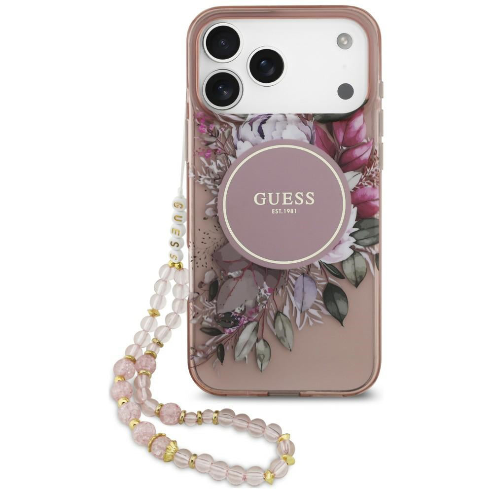 Coque MagSafe pour Apple iPhone 18 Pro Max / 17 Pro Max, Guess, IML Flowers with Pearl Strap, rose