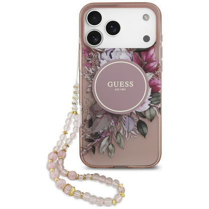 Coque MagSafe pour Apple iPhone 18 Pro Max / 17 Pro Max, Guess, IML Flowers with Pearl Strap, rose