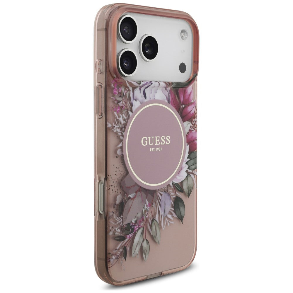 Coque MagSafe pour Apple iPhone 18 Pro Max / 17 Pro Max, Guess, IML Flowers with Pearl Strap, rose